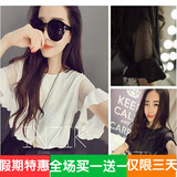 2016春季新款韩版女装上衣甜美 网纱镂空木耳袖拼接短款T恤短袖潮