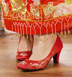 百年好合中式旗袍裙褂结婚鞋复古龙凤绣花鞋高跟新娘鞋大红色鞋子