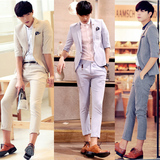 夏季韩版修身中袖男士西服套装青年休闲薄款新郎礼服西装两件套潮