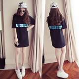 2016夏季a型款韩版短袖中长款字母T恤女宽松显瘦修身连衣裙打底裙