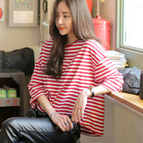 新款韩国韩版 大红色白间条纹衫宽松中袖半袖女装棉T恤 海魂衫棉