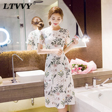 LTVVY2016夏季新款韩版名媛修身性感蕾丝印花短袖包臀长款连衣裙