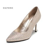 Daphne/达芙妮新款女鞋尖头浅口女单鞋婚鞋亮面水钻高跟鞋女细跟