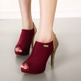 欧美15春季新款布鞋性感酒红色高跟鞋细跟防水台超高跟鱼嘴单鞋女