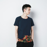 夏季中国风男装亚麻短袖日系复古迷彩拼接修身t恤民族风棉麻上衣