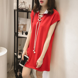 香港代购夏季时尚红色休闲连衣裙女装系带短袖衬衫裙子运动短裙潮