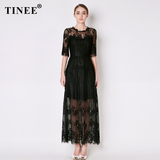 Tinee 2016夏装新款镂空透视黑色蕾丝连衣裙 夏过膝长裙 修身显瘦