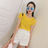 ONE DAY夏季新款潮流韩版女装公主风镂空圆领短款短袖蕾丝上衣T恤