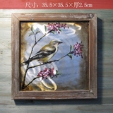 全新外贸装饰画实木框复古做旧金属铝板手绘美式乡村鸟语花香挂画