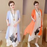 2016韩版女装夏民族风水墨画花棉麻两件套中长款亚麻连衣裙子套装