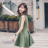 LRUD2016夏季新款韩版V领高腰纯色连衣裙女收腰单排扣无袖A字裙