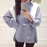 2016韩版宽松蓝白条纹衬衫女春装新款长袖翻领学院风打底衬衣上衣