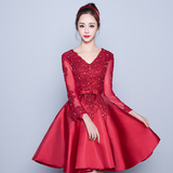 2016新款韩式V领红色短款新娘结婚敬酒服修身宴会晚礼服连衣裙春