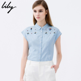Lily2016夏新款女装全棉牛仔订珠短袖修身衬衫115210J4401