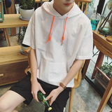 2016夏装新品韩版男士修身连帽短袖T恤男装圆领五分袖体恤衫男潮