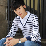 秋冬季男士长袖T恤韩版修身条纹衬衫领假两件体恤青少年男装秋衣