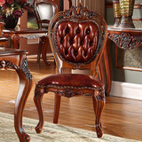 欧式实木雕花新古典餐椅 休闲书房电脑皮椅子 橡木红棕色扶手椅子