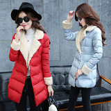 2015韩国正版冬季新品中长款棉衣女修身加厚羊羔毛领羽绒棉棉服潮