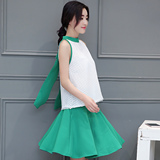 2016夏季新款小西装披肩名媛潮裙格纹气质两件套女装绿色时尚套装