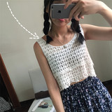 韩国小清新可爱甜美镂空毛线针织刺绣短款背心无袖T恤女2016夏季