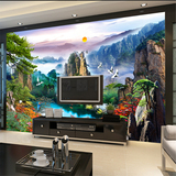 电视背景墙纸壁画中式 客厅3d山水画瀑布风景壁纸无缝壁画迎客松