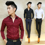 春季韩版男士修身型长袖V领衬衫衣服 青年理发师衬衣男土潮流寸衫