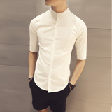 韩国白衬衫五分袖男潮亚麻半袖薄款韩版修身棉麻中袖衬衣日系青年