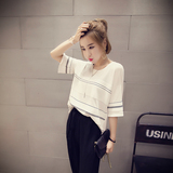 夏季韩版女装薄款宽松显瘦中袖上衣短款套头条纹半袖针织衫T恤潮