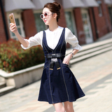 韩版夏季修身刺绣收腰蕾丝连衣裙显瘦学生牛仔背带裙公主裙两件套