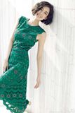 正品米兰时装周古力娜扎郑秀晶同款 绿色蕾丝镂空绣花连衣裙长裙