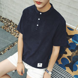 港风夏季男装新款立领T恤韩版修身日系青年半袖衫时尚英伦风上衣