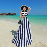 韩国露肩沙滩裙夏仙条纹修身波西米亚长裙女神海边度假连衣裙显瘦