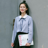 韩版学院风小清新复古甜美蝴蝶结系带娃娃领拼色长袖衬衫上衣cri