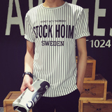 夏季新款韩版潮流青少年数字竖条纹男士短袖T恤男装嘻哈棒球半袖T