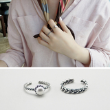s925纯银戒指女珍珠泰银复古日韩国首饰品简约编织麻花开口戒指环