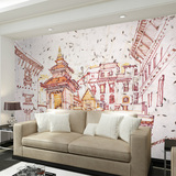 北欧式复古电视背景墙纸手绘建筑大型壁画定制壁纸客厅卧室酒吧