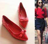 欧美韩版新款女鞋蝴蝶结漆皮格子粗跟低跟红色尖头鞋亮皮平底单鞋
