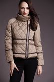 2016新款欧美时尚立领羽绒服女短款拼皮菱格斜拉链显瘦冬装外套