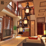 瀚一D9007 中式餐厅吊灯具 复古典实木复式楼梯旋转马灯饰