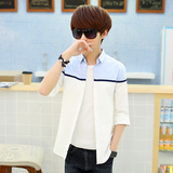 青少年小清新中袖衬衫韩版修身型学生拼色全棉衬衣男士七分袖寸衫