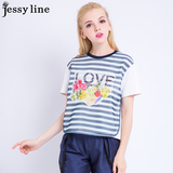 杰西莱jessy line2016春夏新款杰茜莱正品条纹拼接显瘦印花T恤 女