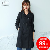 IZH2016秋装新款黑色双排扣风衣女中长款 薄款修身长袖纯色外套