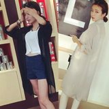 夏季POLO领女装直筒新款韩版中长款长袖开衫打底单件雪纺衫蕾丝衫