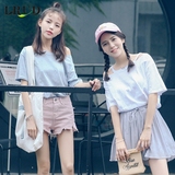 LRUD2016夏季新款韩版纯色简约露肩短袖T恤女百搭宽松镂空打底衫