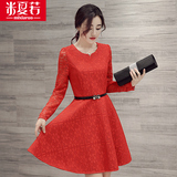 2016秋新款韩国修身中长款蕾丝连衣裙女长袖镂空显瘦礼服收腰红裙