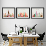 彩色城市客厅装饰画餐厅挂画沙发背景墙画抽象壁画有框画油画三联