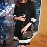 KS-M韩国女装代购2016春款韩版直筒七分袖宽松黑色连衣裙AG0373