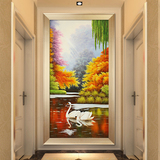 天鹅风景画 客厅现代欧式玄关装饰画竖幅挂画走廊纯手绘油画壁画