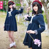 日本原宿软妹海军装风长袖高腰水手领卫衣连衣裙水手服学生服装