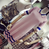 韩国ulzzang2016夏装新款at韩范显瘦POLO领条纹针织粉色连衣裙女